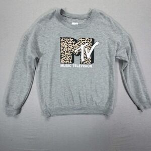 MTV Sweatshirt Women Small Gray Leopard Print Graphic Pullover